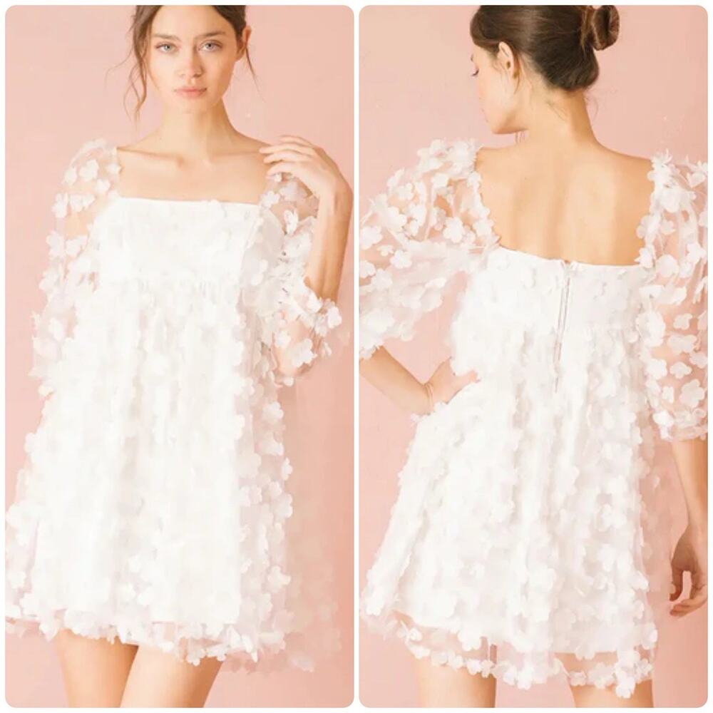 Storia 3D Daisy Sparkly Tulle Babydoll Mini Dress White Sheer Puff Sleeve Size S